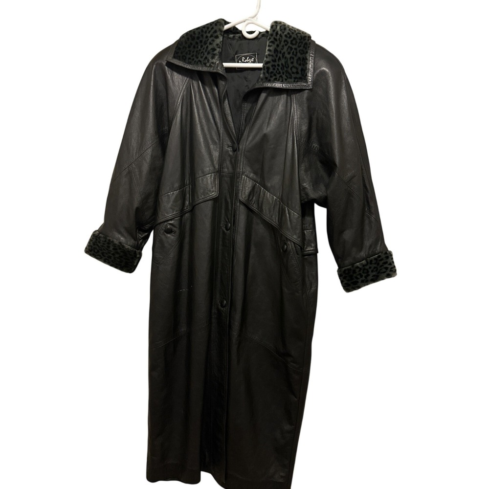 Robert Danzel Vintage Black Leather Trench Coat Leopard Fur Trim Long Jacket 40